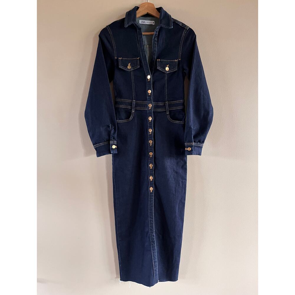 NWOT ZARA Denim Button Down Midi Dress XS Dark Blue Navy
